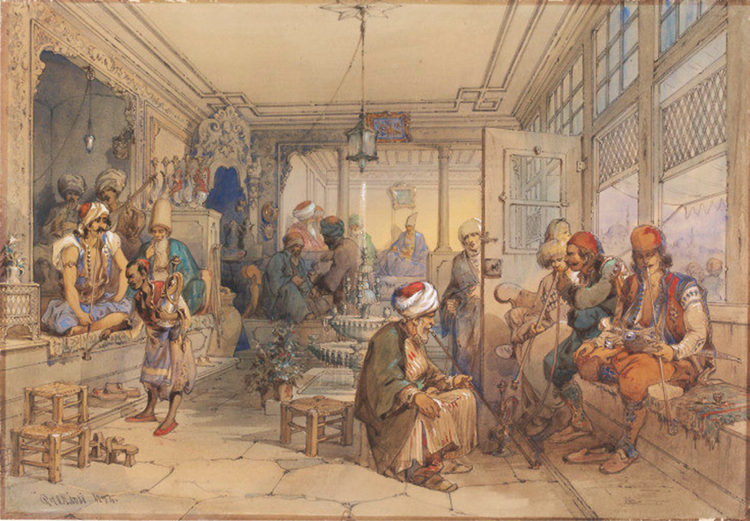 Kavos namų Konstantinopolyje vaizdas. Dailininkas Amadeo Preziosi, 1854 m.